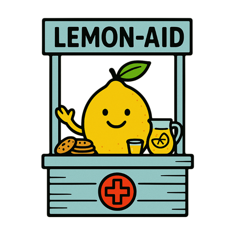 Illustration of a Lemon-Aid stand: a smiling lemon waving behind a counter set with lemonade, a pitcher and cookies